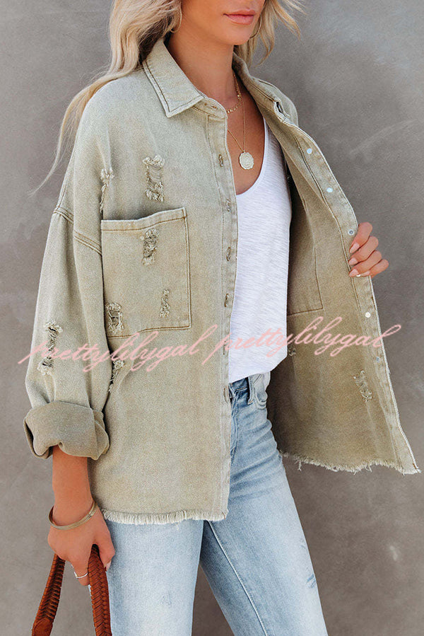 Stylish Lapel Long Sleeve Ripped Denim Jacket