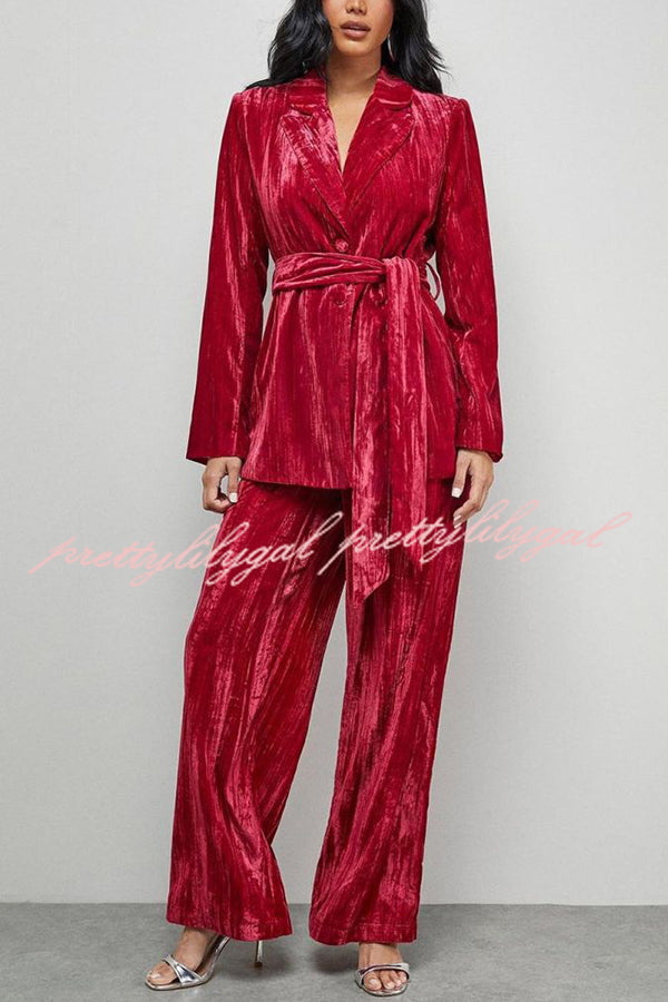 Solid Color Velvet Long-sleeved Waist Tie Top and Elastic Waist Casual Pocket Straight-leg Pants Set