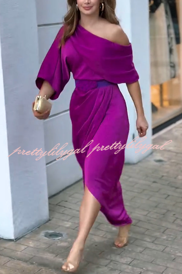 Whispered Yes Satin Irregular Lapel Neckline Design Ruched Maxi Dress