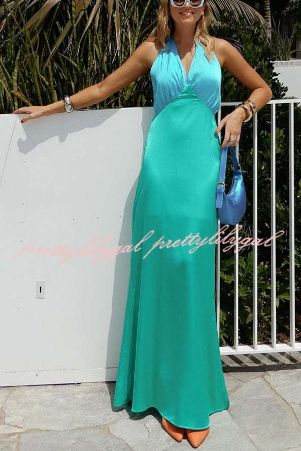 Like A Gem Satin Colorblock Halter Backless Party Maxi Dress