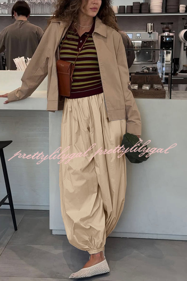 Solid Color Casual Pocket Elastic Waist Lantern Wide Leg Pants