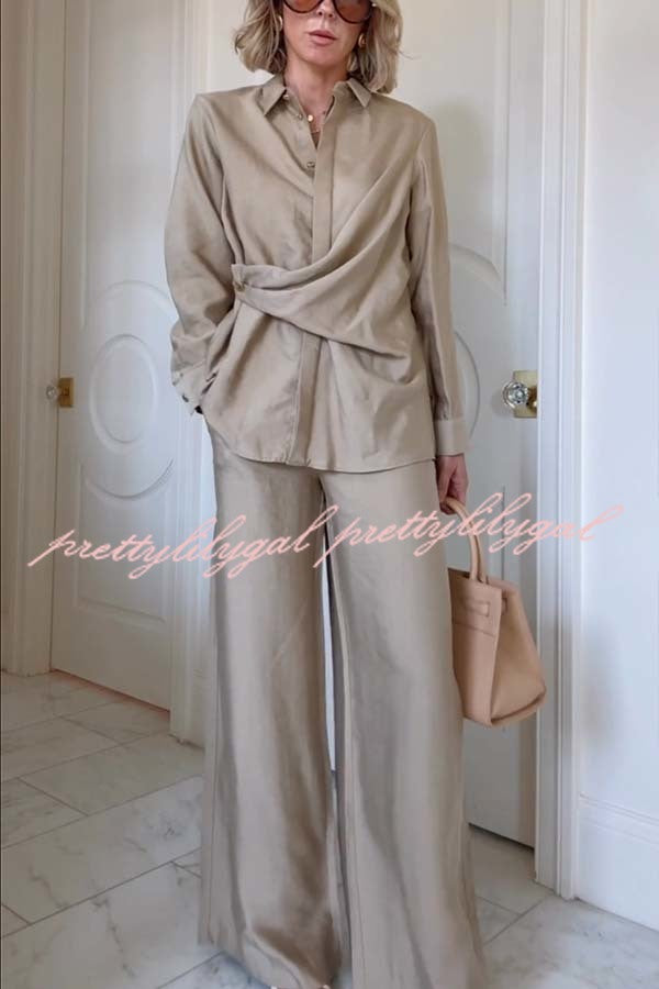 Juliette Cross-front Button Up Long Sleeve Shirt and Elastic Waist Pocket Loose Pants Set