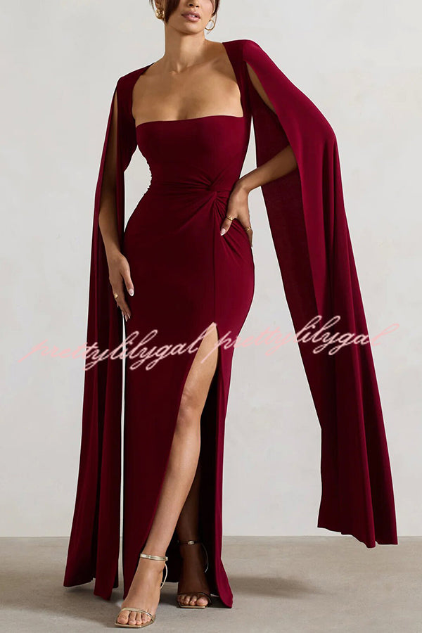 Elegant Goddess Square Neck Twisted Cape Sleeve Slit Maxi Dress