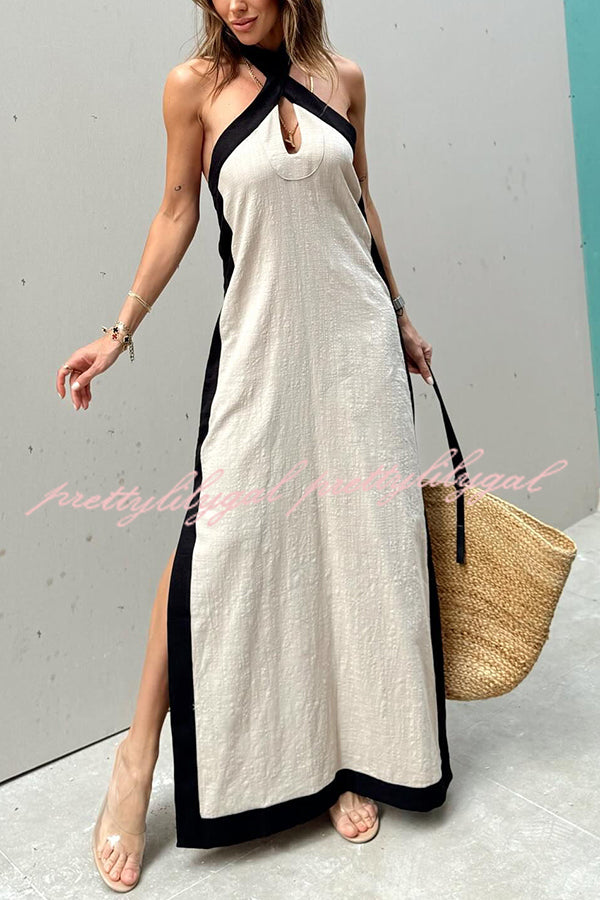 Island Bay Breeze Linen Blend Color Block Halter Neck Slit Maxi Dress