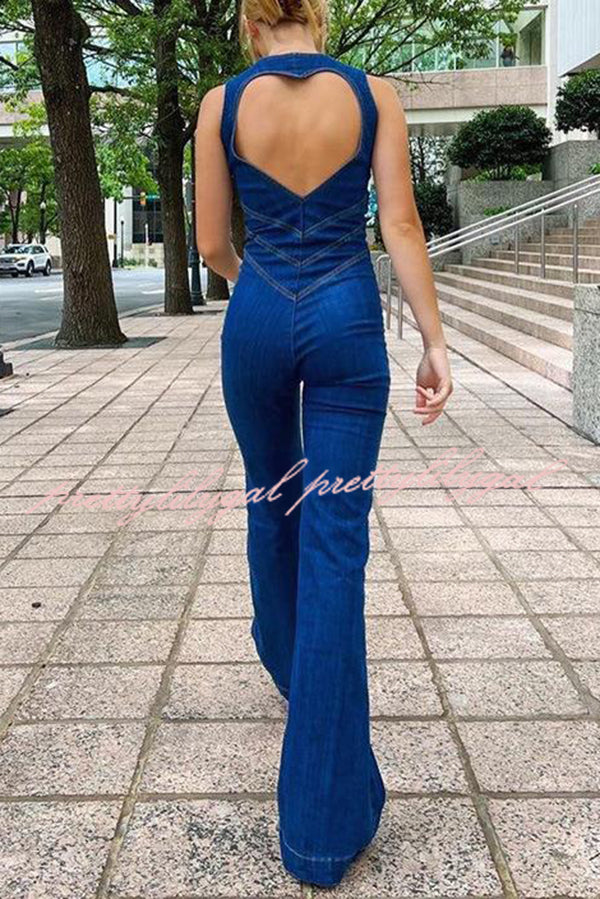 Fashionable Heart Hollow Back Slim High Waist Flared Denim Jumpsuit
