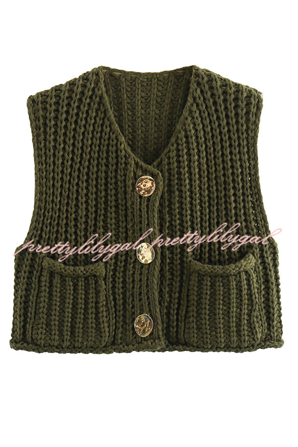 Solid Color Sleeveless Pocket Knitted Vest