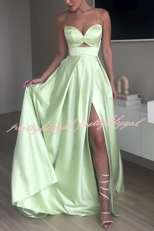 Chic Queen Satin Hollow Strapless Slim High Slit Party Maxi Dress