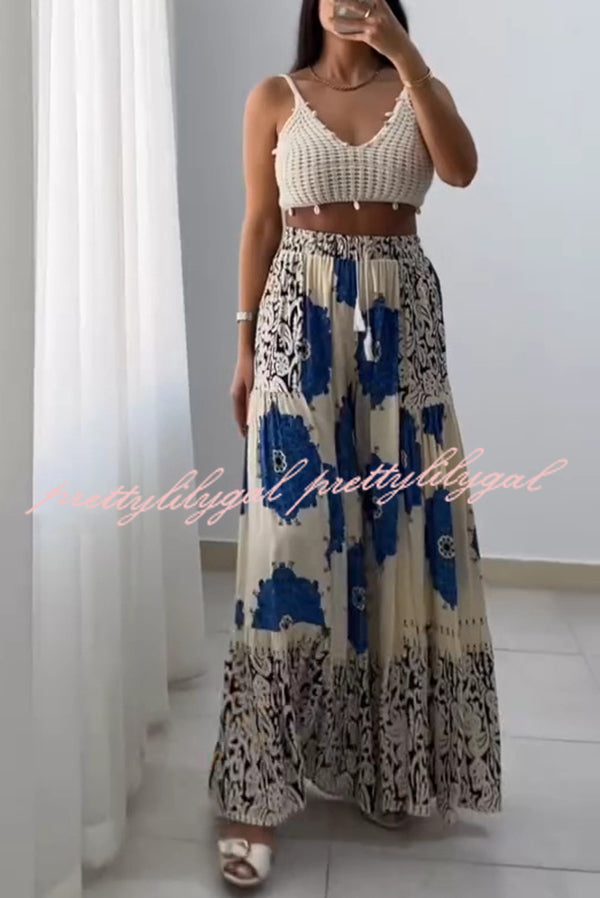 Unique Print Elastic High Waist Tie Pocket Holiday Style Wide Leg Pants