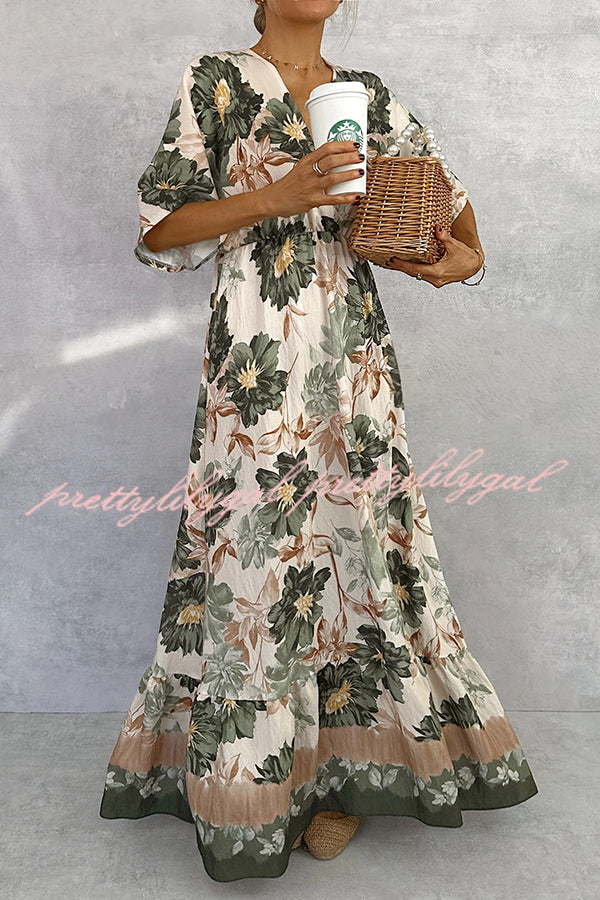 Floral Print V-neck Short Sleeve Waist Loose Full Hem Maxi Dress
