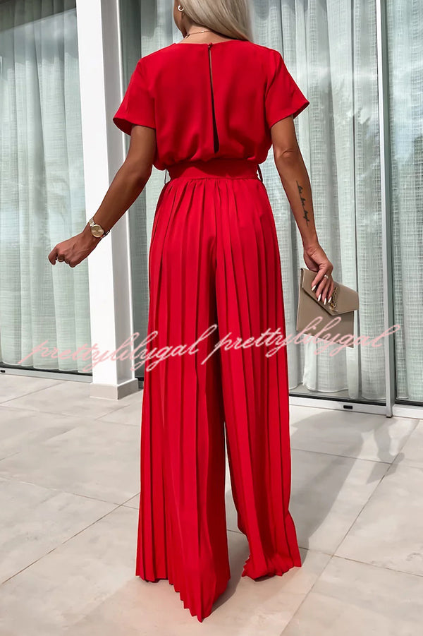 Ivy Cowl Neck Short Sleeve Belt Pleated Loose Wide Leg Jumpsuit