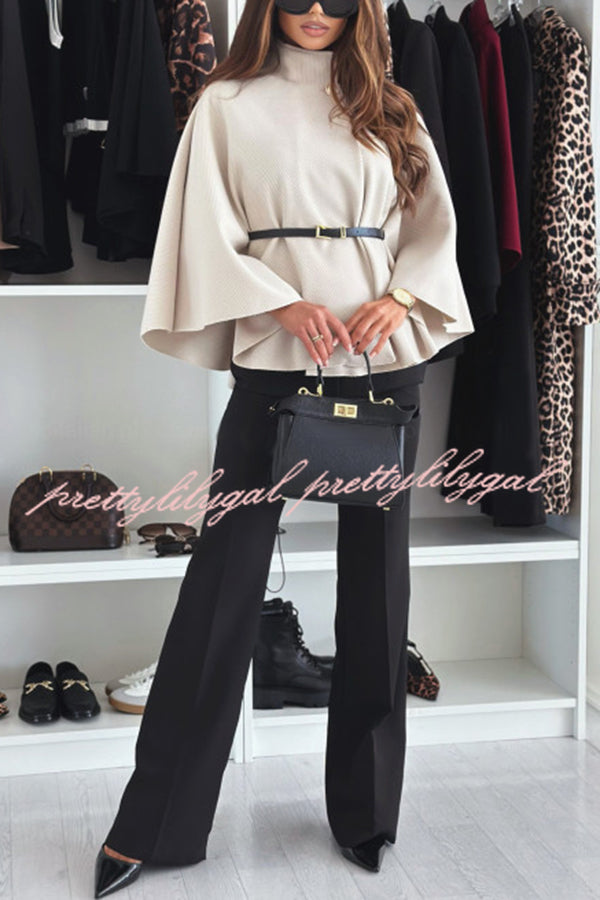 Elegant Moment Woolen Button Turtleneck Belted Oversized Cape