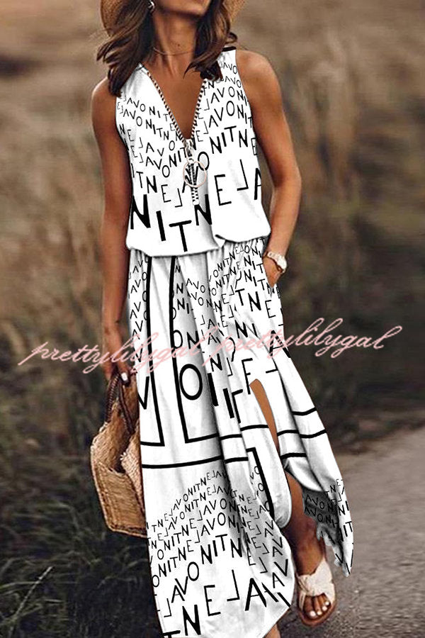 Fashion Modern Letter Print Zipper Neck Daily/Vacation Maxi Dress