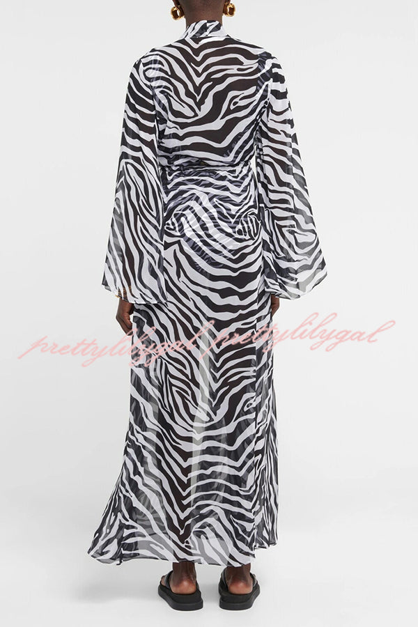 Marsie Zebra-print Elastic Drawstring Waist Long Bell Sleeve Cover-up Kimono