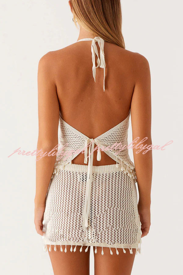 Fashion Knit Hollow Back Top and Embellished Fitted Stretch Beach Mini Skirt Set