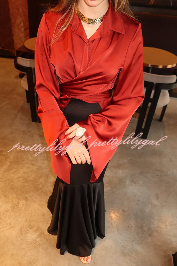 Jenny Satin Button Front Center Cross Straps Long Bell Sleeve Shirt