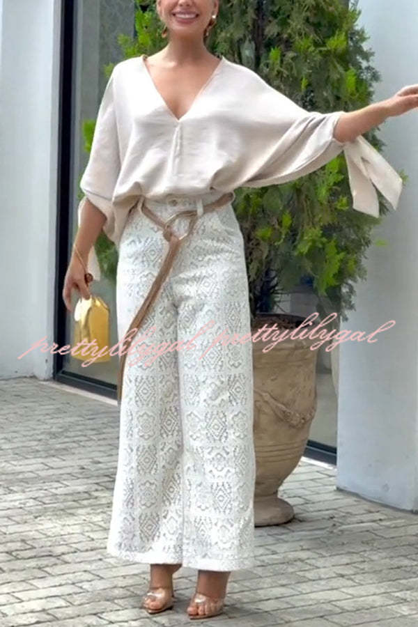 Joyful Bond Linen Blend V-neck Knotted Cuff Half Sleeve Loose Top