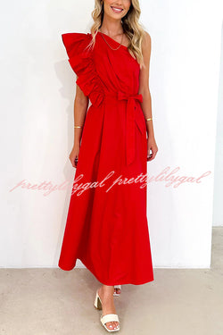 Solid One Shoulder Ruffled Sleeves Tie Waist Maxi Dress