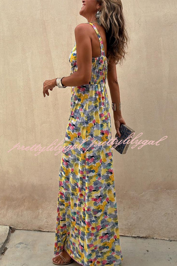 Flora Watercolor Print Crossover Neck Wide Straps Stretch Maxi Dress