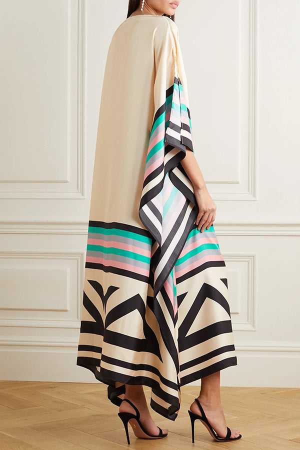 Unique Striped Print Crew Neck Loose Midi Dress