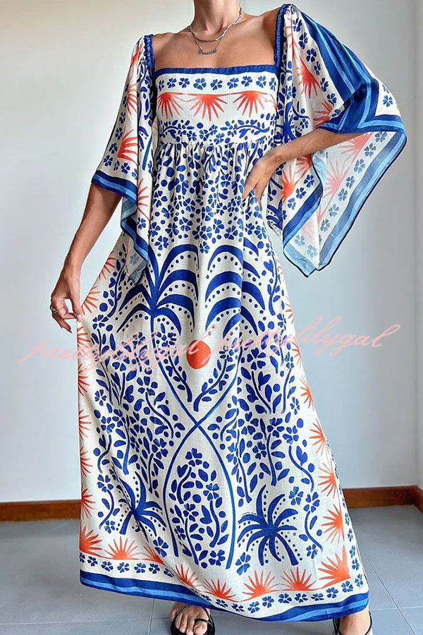 Resort Style Ethnic Print Square Neck Bell Sleeve Loose Maxi Dress