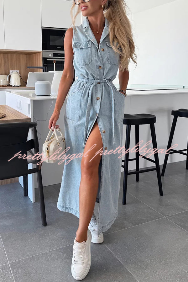 Solid Color Sleeveless Single Breasted Waist Tie Casual Pocket Denim Midi Dress