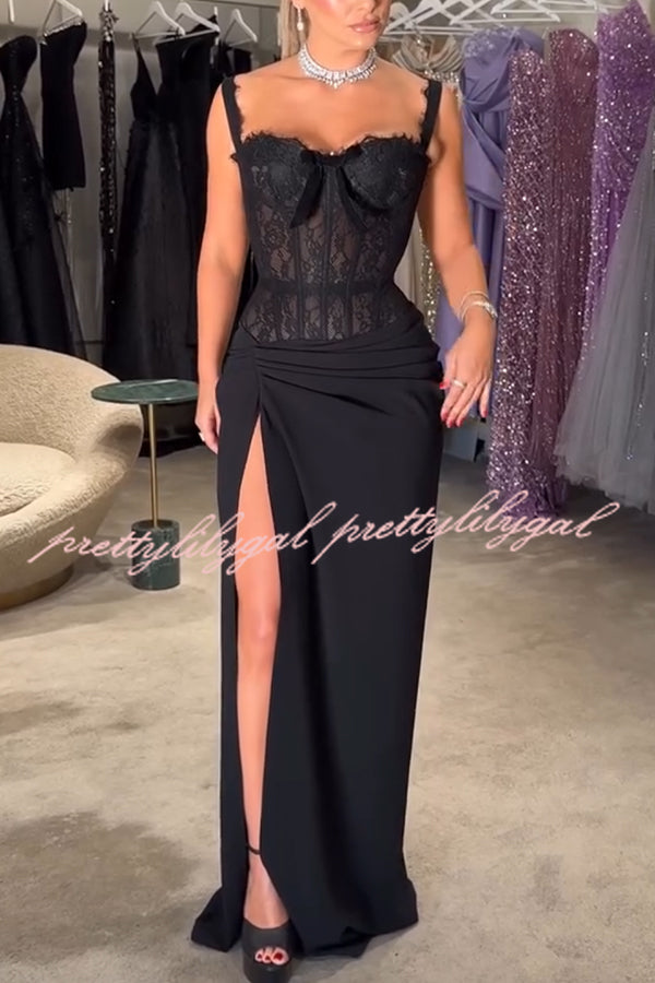 Sexy Grace Magic Lace Corset Bow Design Ruched Hip Slit Maxi Dress
