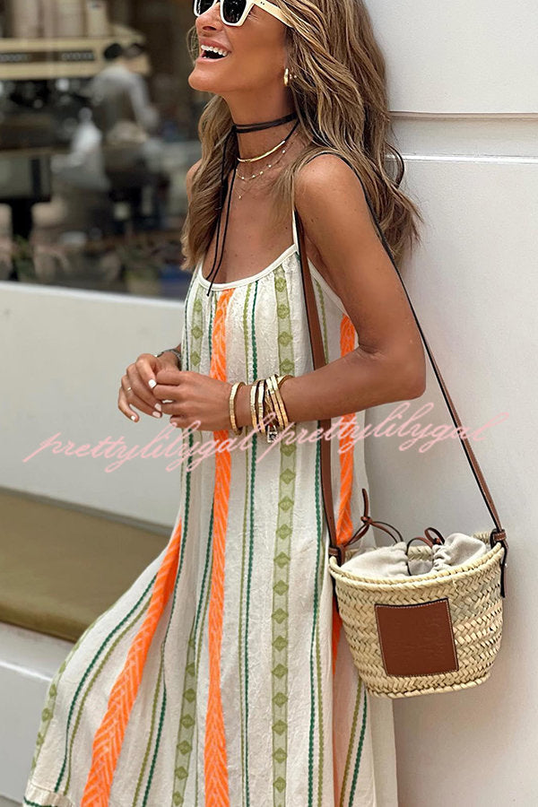 Happy Sunday Linen Blend Ethnic Print A-line Cami Maxi Dress