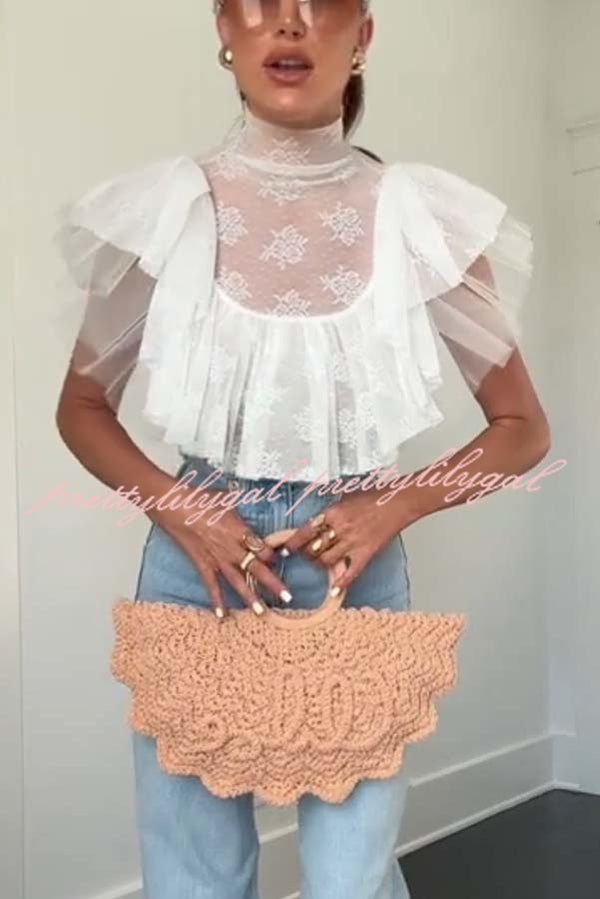 Kathlyn Lace Layered Tulle High Neck Ruffle Cropped Top