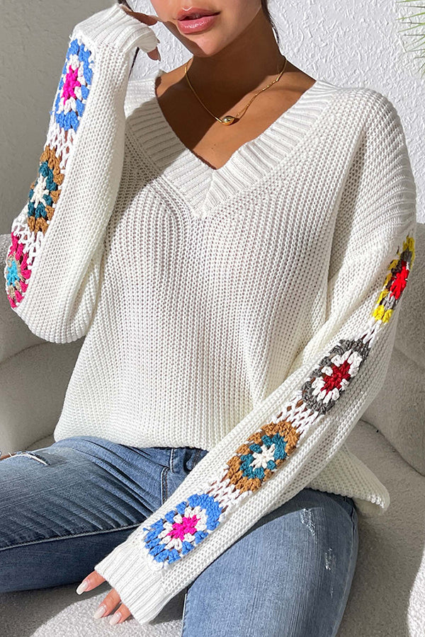 Fashion Hook Flower Long Sleeve V-Neck Loose Knitted Sweater