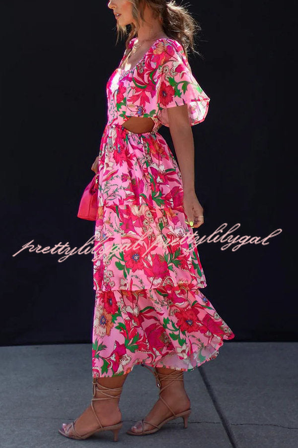 It's All Special Floral Cutout Waist Tiered Midi Dress