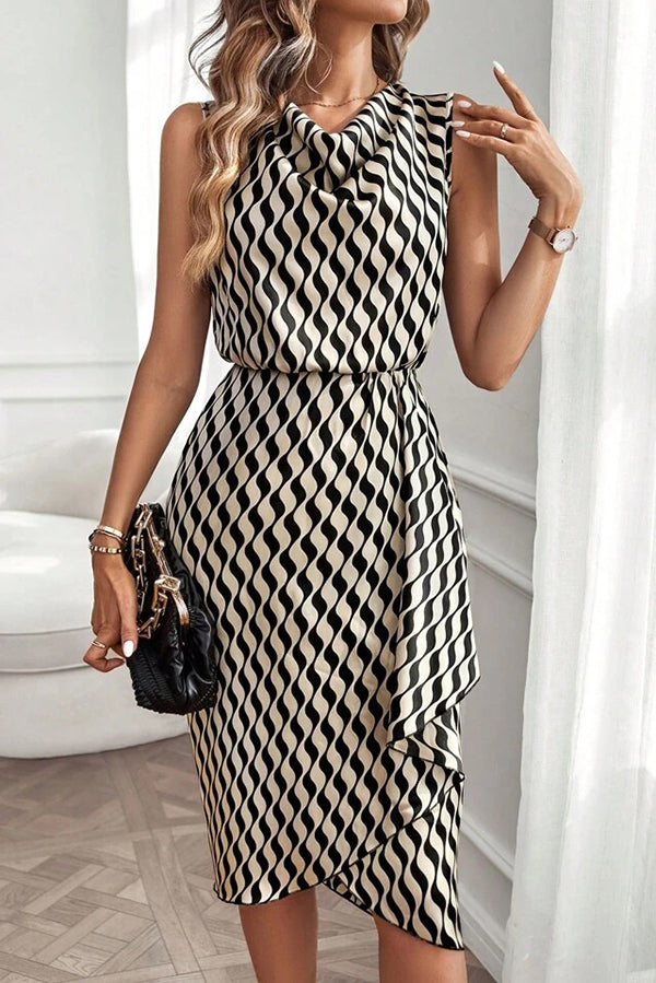 Unique Print Draped Front Neck Asymmetric Hem Mini Dress