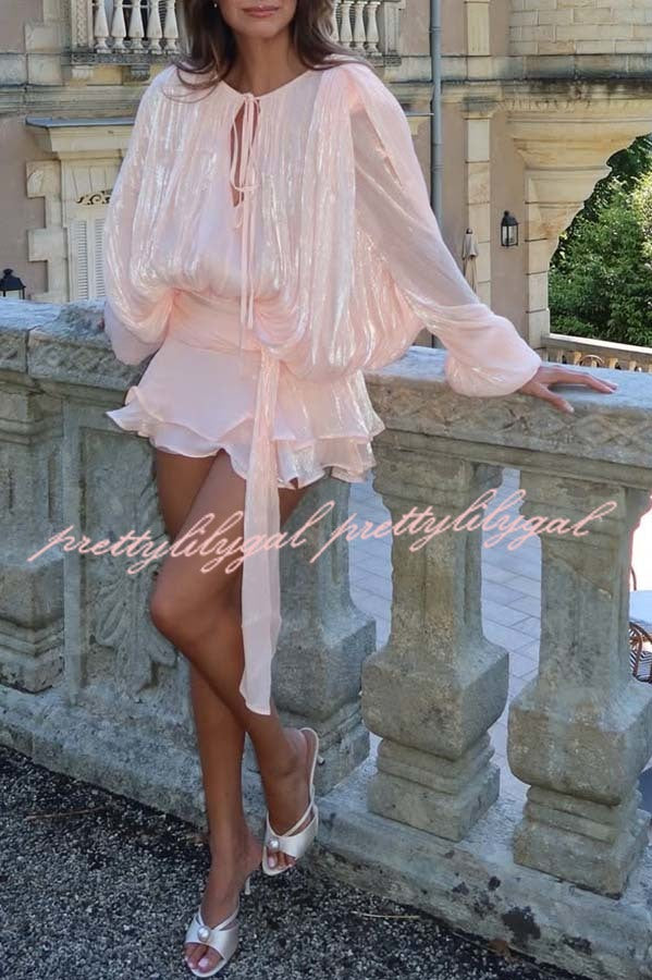 Ninah Glitter Fabric Pleated Balloon Sleeve Tiered Ruffle Hem Mini Dress