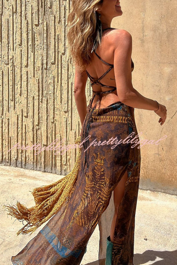 Gypsy Style Unique Print Cowl Neck Back Lace-up Slit Midi Dress