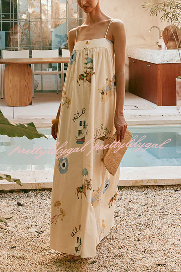 Linen Blend Sling Backless Loose Holiday Maxi Dress