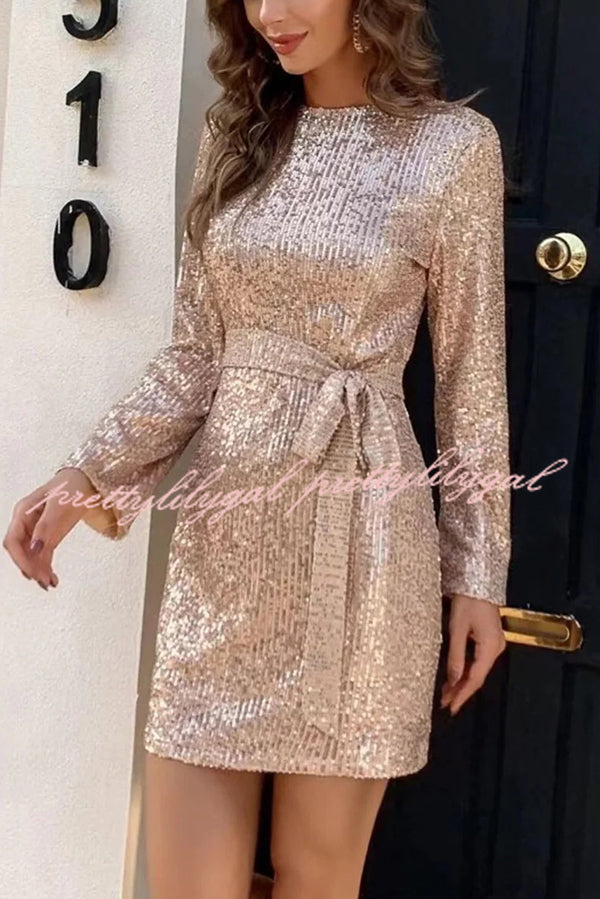 Fashion Sequined Tie Waist Slim Backless Mini Dress