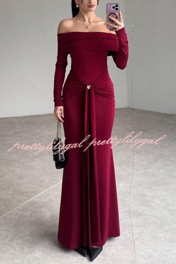 Naia Off Shoulder Long Sleeve Metal Buckle Adjustment Drape Stretch Maxi Dress