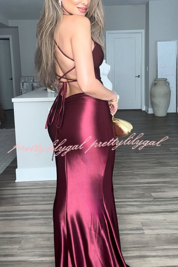 Mermaid Silhouette Satin Back Lace-up Ruched Slip Maxi Dress