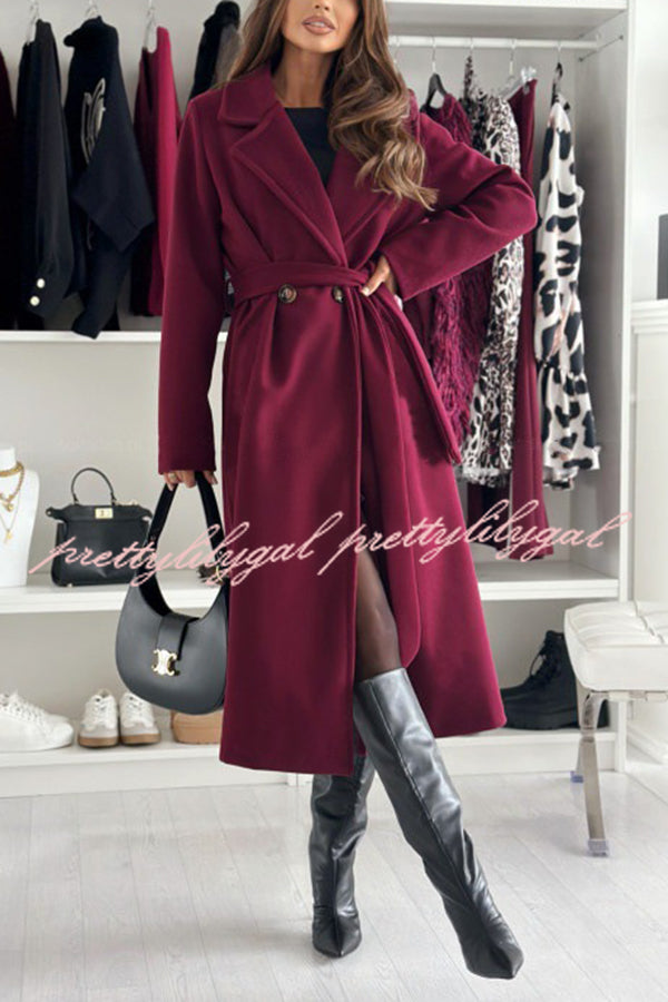 Solid Color Lapel Long Sleeve Waist Tie Long Coat