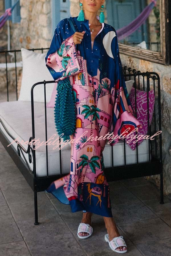 Seaside Stroll Satin Unique Print Button Up Long Sleeve Slit Kaftan Midi Dress