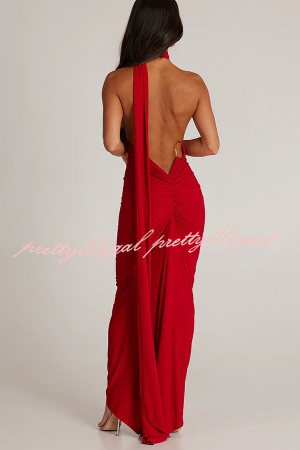 Sexy Backless Pleated Slim Solid Color Sleeveless Elegant Maxi Dress