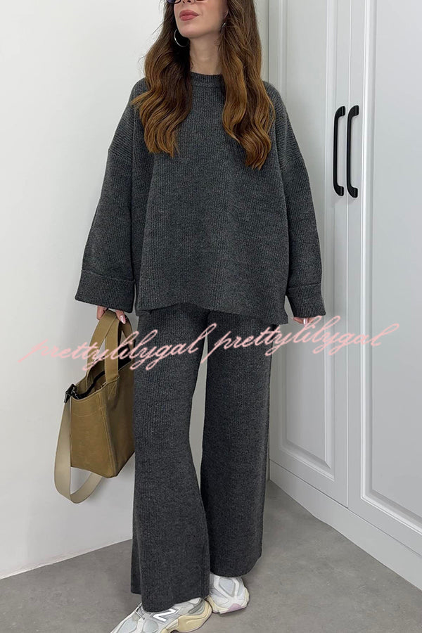 Solid Color Loose Long-sleeved Knit Top and Elastic Waist Casual Straight Leg Pants Set