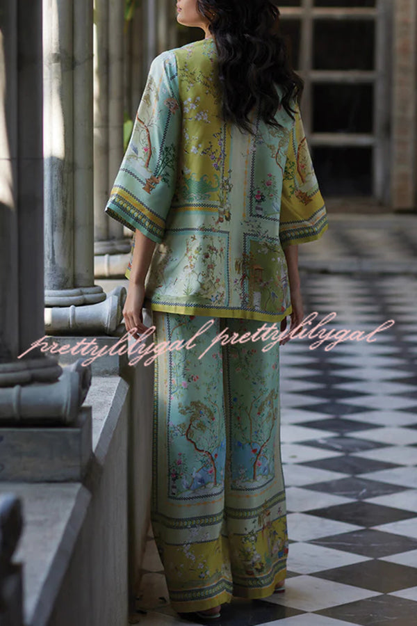 Elonie Satin Floral Print V-neck Half Sleeve Top and Elastic Waist Wide Leg Pants Set