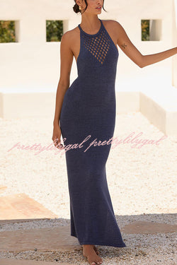 Solid Color Hollow Sexy Backless Slit Knitted Cover-up Maxi Dress