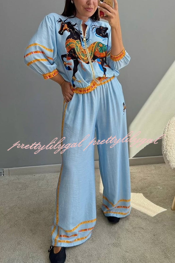 Unique Printed Long-sleeved Zip-up Loose Top and Elastic Waist Casual Wide-leg Pants Set