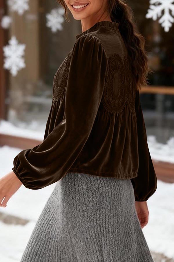 Fashionable Velvet and Lace Patchwork Loose Long-sleeved Top