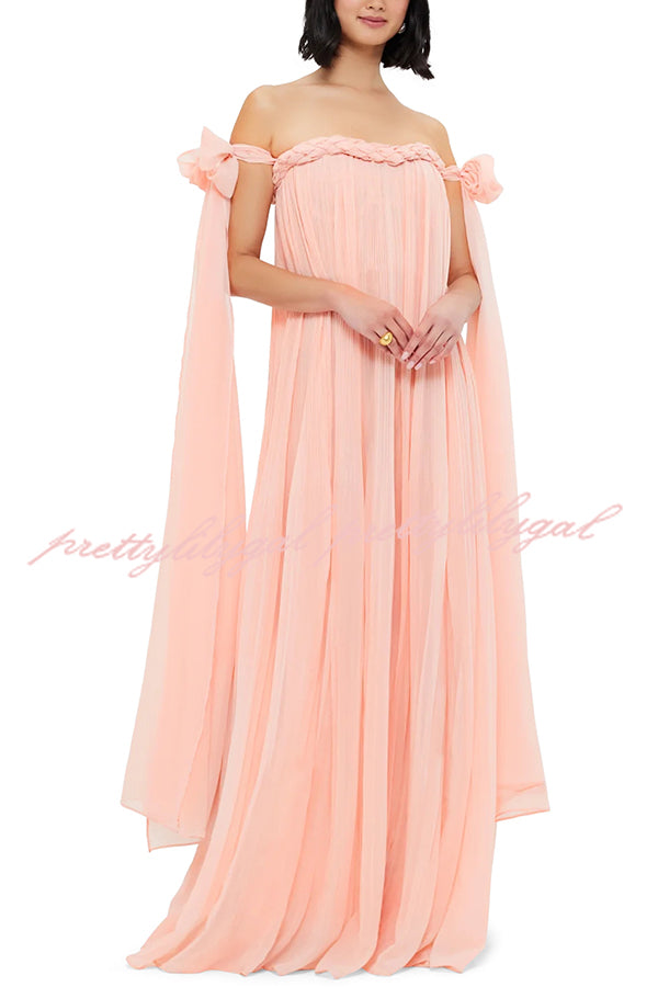 Fairy Spirit Tulle Braided Neckline Tie Arm Straps Pleated Maxi Dress