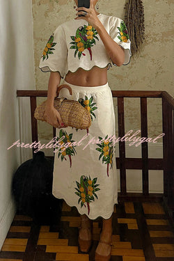 Parrot Print Round Neck Loose Crop Top and Elastic Waist Pocket Casual Midi Skirt Set