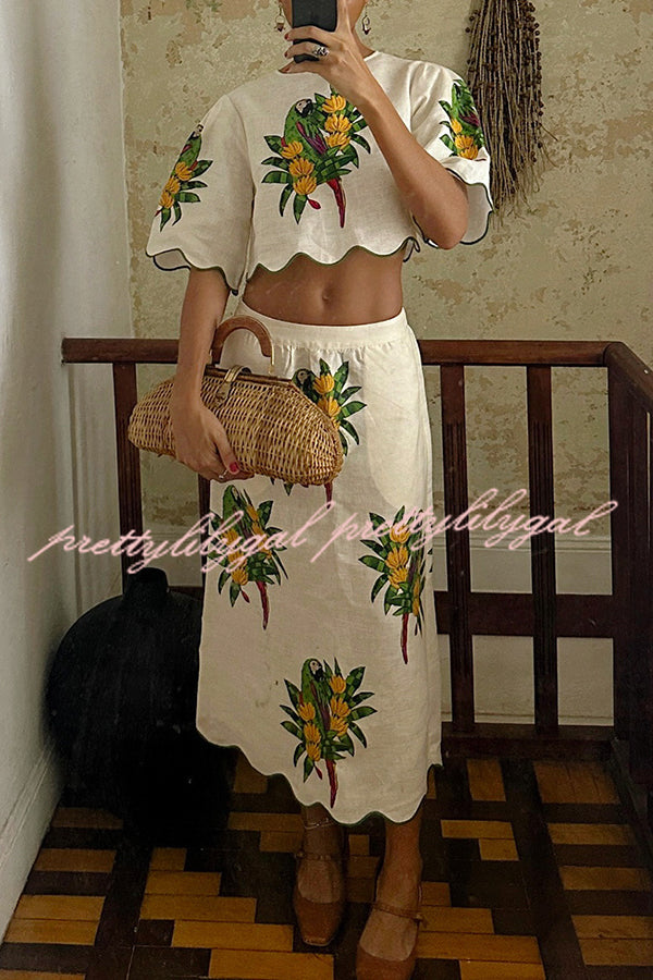 Parrot Print Round Neck Loose Crop Top and Elastic Waist Pocket Casual Midi Skirt Set