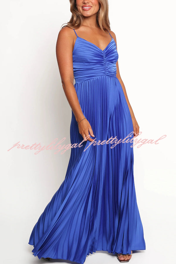Catch The Light Satin Pleated V-neck Slip Maxi Dress