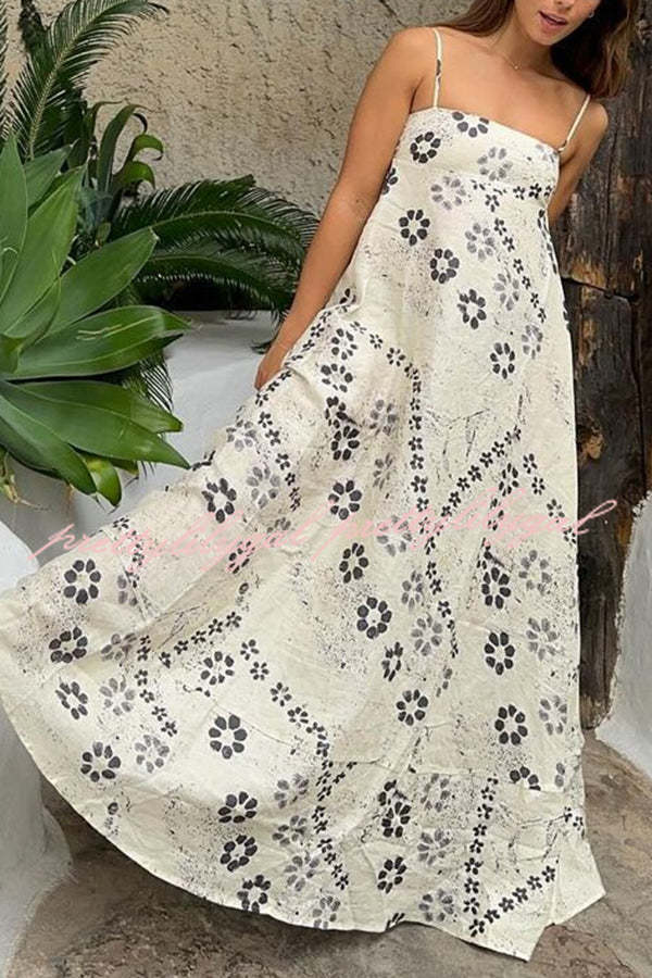 Linen Blend Floral Print Strappy Full-hem Backless Maxi Dress